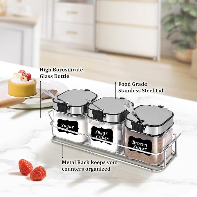 Aelga Glass Sugar Bowl with Lid and Spoon, 8.5 OZ Sugar Container Stainless Steels Flip Lid with holder, Salt Container for Kitchen, Coffer Bar Accessories, Countertop, 3 Pack