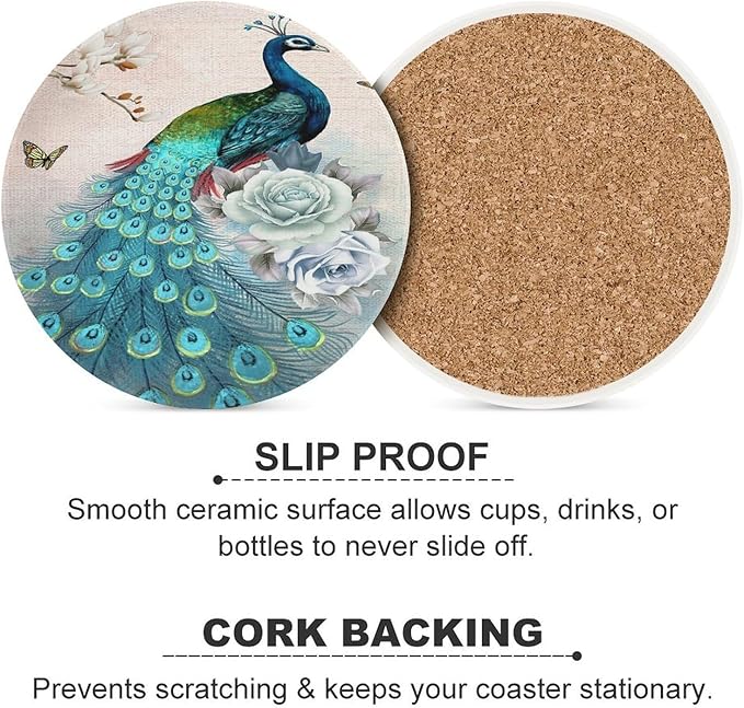 Round-6PCS Peacock Drink Coasters, Round Modern Ceramic Absorbent Coasters, Vintage Tree Branch Beautiful Teal Peacock Floral Decor Desk Coffee Table Coaster for Beverage Cup Tea Coasters