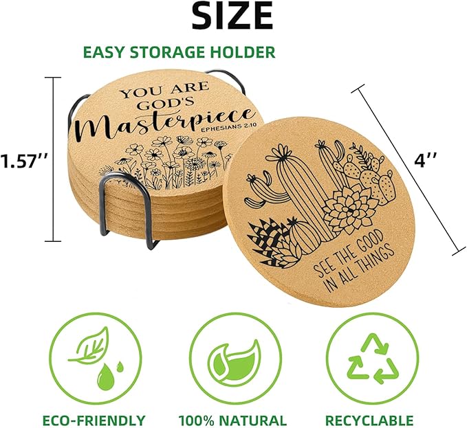 Coasters for Drinks with Holder Set of 6, Inspirational Cork Coaster Absorbent for Office Desk Inspired Table Coasters Kitchen Decor House Warming Gifts for New Home Couples, Round 4"
