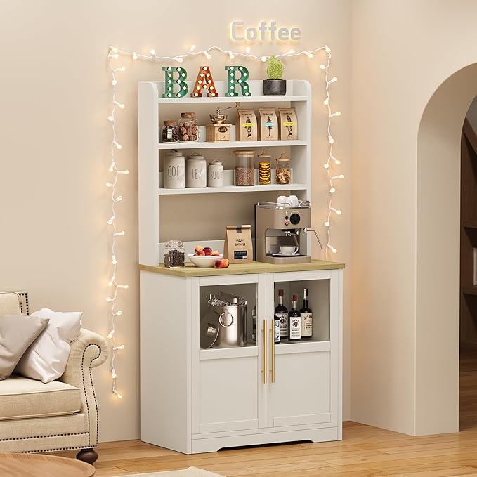 Garvee Farmhouse Bakers Rack with Glass Door, Microwave Stand with Power Outlets, Kitchen Hutch Pantry Cabinet, Kitchen Coffee Bar Cabinet for Spices, Dishes, and Pots, White
