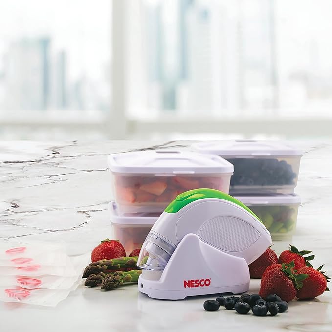 NESCO Handheld Vacuum Sealer Kit, Includes 4 Canisters, 5 Reusable Gallon Zipper Bags, Freezer, Dishwasher, Sous Vide Safe Bags, Great for Meal Prep & Food Storage – Rechargeable with Charging Base