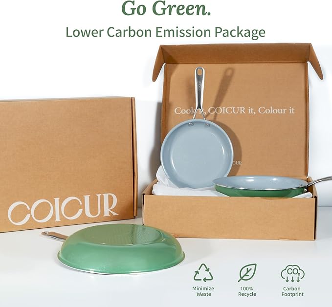 Coicur Nonstick Ceramic Frying Pans 8" 9.5" 11" Ceramic Skillets Set with Stainless Steel Handle Omelet Pans Healthy Cooking Chef Pans, PFOA Free, Forest Green