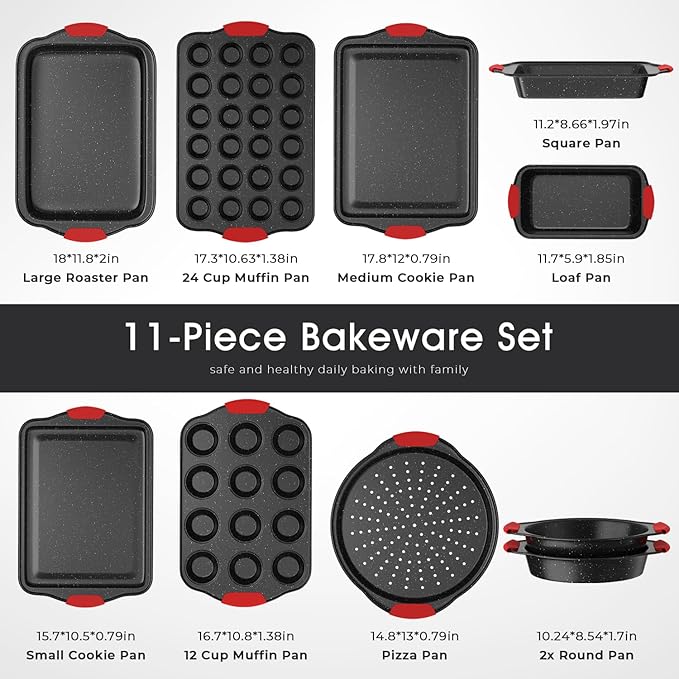 Slow Slog 11-Piece Nonstick Stackable Baking Pans Set, Toxin-Free Bakeware Sets, Baking Pan Set with Silicone Handles, Includes Cookie Sheets, Loaf Pan, Pizza Pan, Muffin Pan, Red&Black