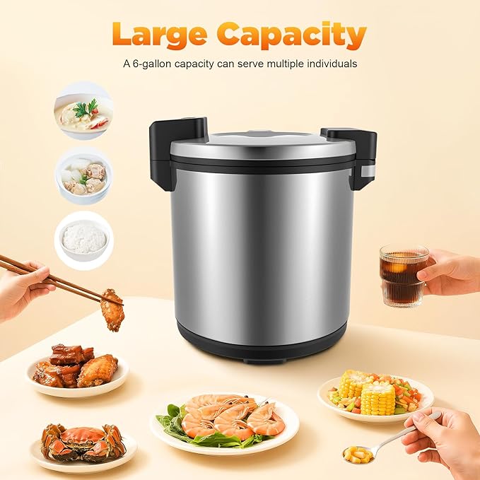 Commercial Rice Warmer, 6 Gal Stainless Steel Electric Rice Warmers with Spoon Good Heat Dissipating and 2 Temperature Settings Flip Lid with Lock Cylindrical Rices Warmer for Home Keep Food Warm Etc