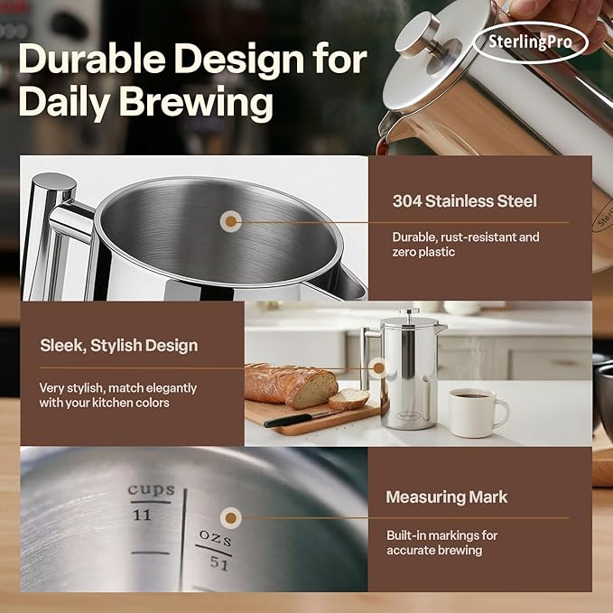 SterlingPro Stainless Steel French Press Coffee Maker Large 1.5 L(51 oz) Mirror – Durable Double Walled Insulated Coffee Press Keeps Drinks Hot, Easy to Use and Clean Stylish Design for Rich Flavor