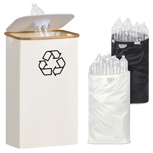 29 Gallons Recycling Bins for Kitchen, Indoor Recycle Bins with Lid, 110L Large Recycle bin with 2 Removeable Reusable Inner Bags, for Bottles Cans Glass Plastice Cartons(Beige)