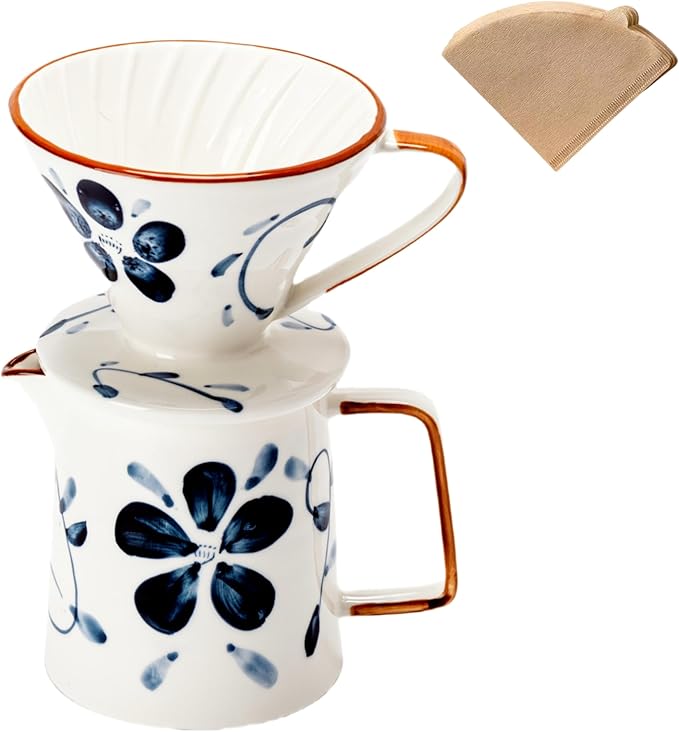 HYAXGM Pour Over Coffee Maker,Ceramic Coffee Maker With 40 pcs Paper Filter，15oz/450ml Pour Over Coffee Dripper (Blue and white, V02)