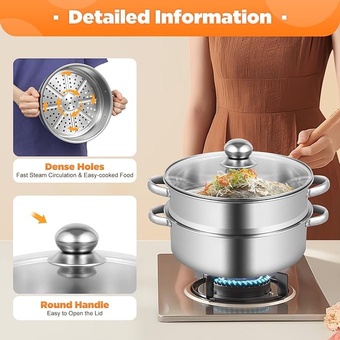 5-Tier Stainless Steel Steamer Meat Vegetable Cooking Steam Pot Kitchen Tool with Stackable Pan and Lid for Steaming Pasta Dumplings and Vegetables