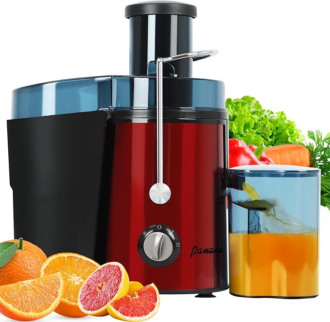 Panana Centrifugal Juicer Extractor with Wide Mouth 3” Feed Chute for Fruit Vegetable, Easy to Clean, Stainless Steel, BPA-free (Red)