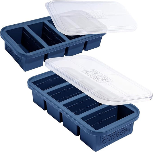 Souper Cubes 1 Cup Silicone Freezer Molds with Lids - Soup Cubes Freezer Tray with Lid - Perfect for Freezing Broth, Rice, Individual Portions, Meal Prepping and More - Blueberry - 2-Pack
