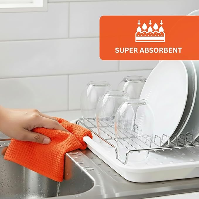 PurpleEssences Waffle Weave Kitchen Towel, 100% Cotton, 15x25 Inches, with Hanging Loop Ultra Soft Absorbent Quick Drying Dish Cloth, Tea and Hand Towels, 4 Pack - Christmas Holiday Winter - Orange