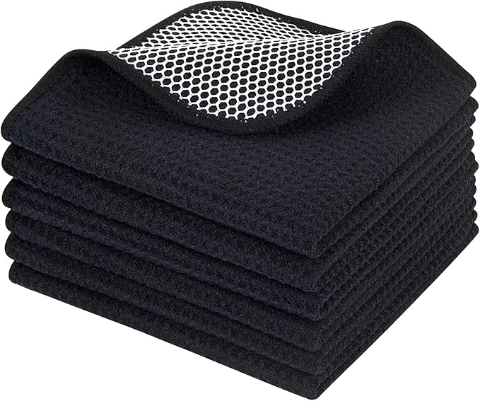 KinHwa Kitchen Washcloths for Dishes Absorbent Microfiber Dish Cloths Quick Dry Dish Rags with Poly Scour Scrub Side Ideal for Kitchen Cleaning (Black-B, 12inchx12inch 6 Pack)