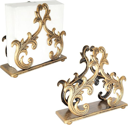 Owlgift Baroque Bronze Napkin Holder Set of 2 – Decorative Metal Tissue Rack for Tabletop, Mail, or Bill Organizer – 6 x 2 x 5.3 Inches, Rustic Finish for Home or Restaurant Use