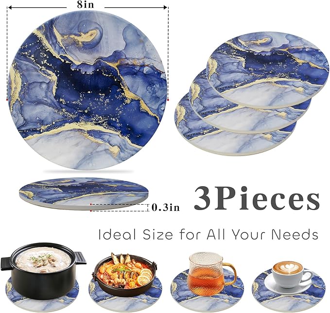 Ceramic 8" Trivets - Marble Style Heat Resistant Hot Pads, Pot Holders for Kitchen, Countertops, Table - Set of 3