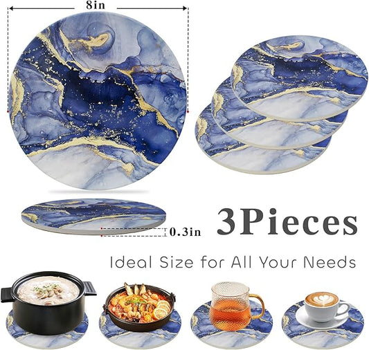 Ceramic 8" Trivets - Marble Style Heat Resistant Hot Pads, Pot Holders for Kitchen, Countertops, Table - Set of 3