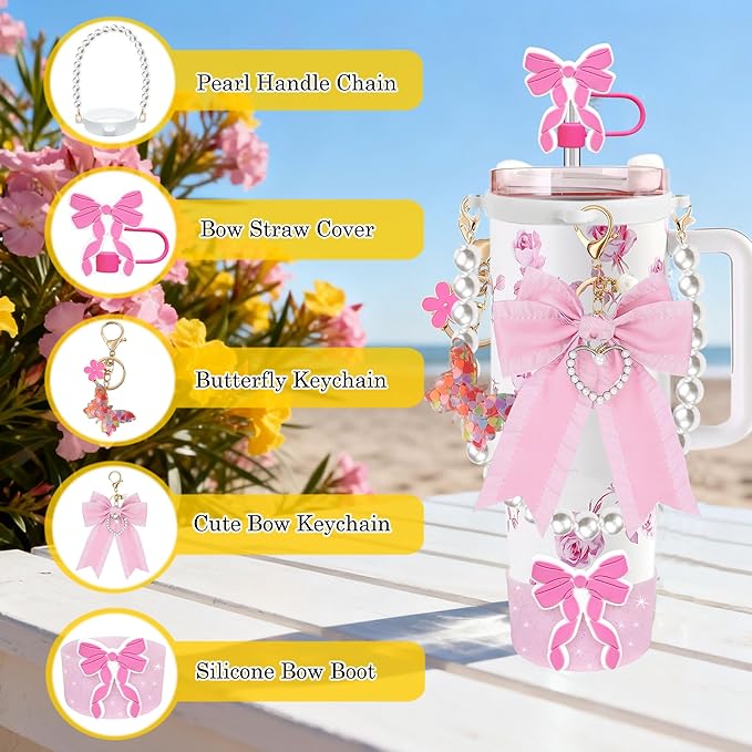 Accessories for Stanley Cup 30oz 40oz Tumbler, Cute Bow Straw Cover, Silicone Boot