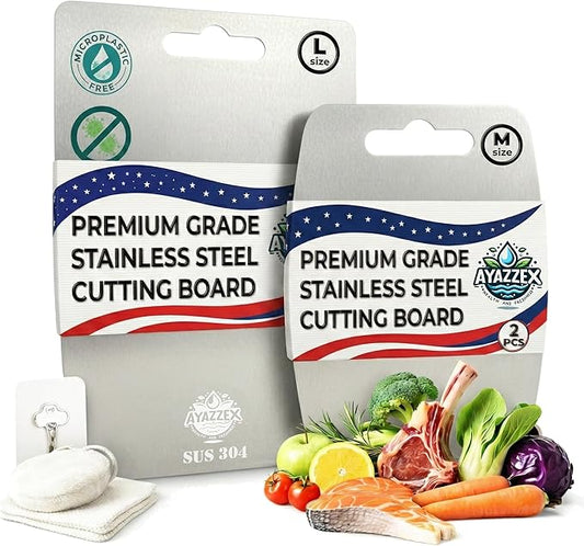 Stainless Steel Cutting Board Set 2 Pcs – Premium SUS 304 Double-Sided Cutting Boards for Kitchen, Meat, Vegetables – Includes Sponge, Adhesive Hook & Silicone Pad – Dishwasher Safe - Large & Medium