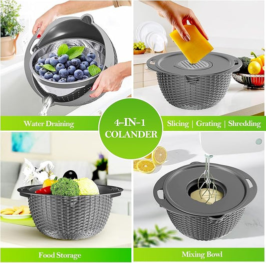 4-1 Colander with Mixing Bowl Set - Strainer With Bowl, Pasta And Rice Strainer, Strainer And Colanders, Fruit Cleaner, Veggie Wash, Salad Spinner, Apartment Essentials Kitchen Gadgets - Grey