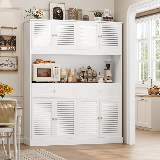 HIFIT 71" Hx55''W Large Kitchen Hutch Storage Cabinet, Farmhouse Coffee Bar Hutch with Microwave Stand, Tall Kitchen Pantry Cabinet with Louvered Doors, 2 Cable Holes, 2 Drawers, White