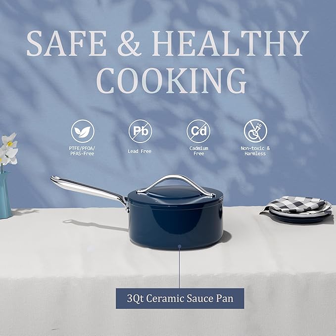 10-Piece Navy Blue Non-Stick Ceramic Pots & Pans Set with Lids, Complete Kitchen Cookware for Soup, Pasta, Boiling & Sautéing, Dishwasher Safe, Induction Compatible, From Stovetop to Oven Safe