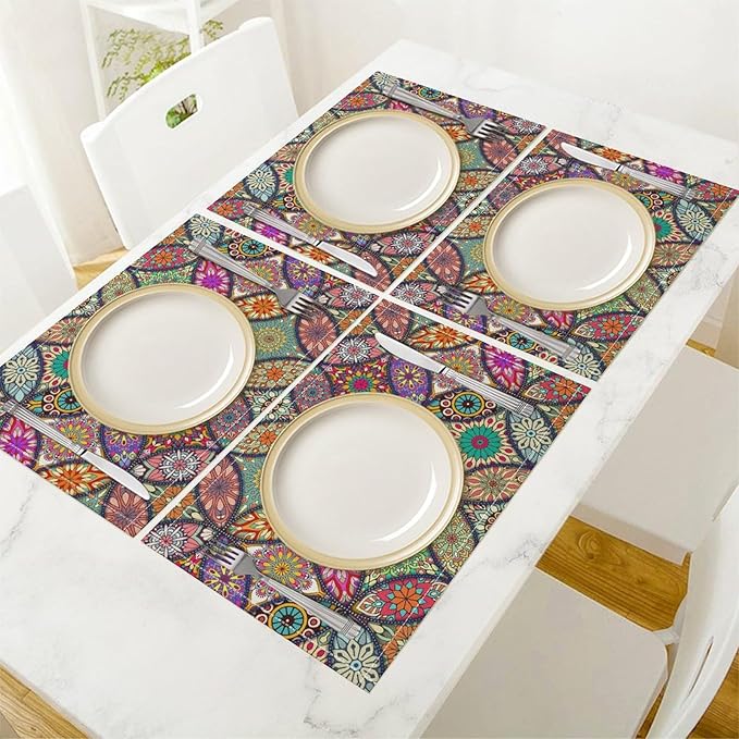 Boho Mandala Placemats Set of 4 Vintage Bohemia Flower Art Printed Dining Table Mats for Restaurant Home Kitchen Holiday Picnic Party Decor 12x18in
