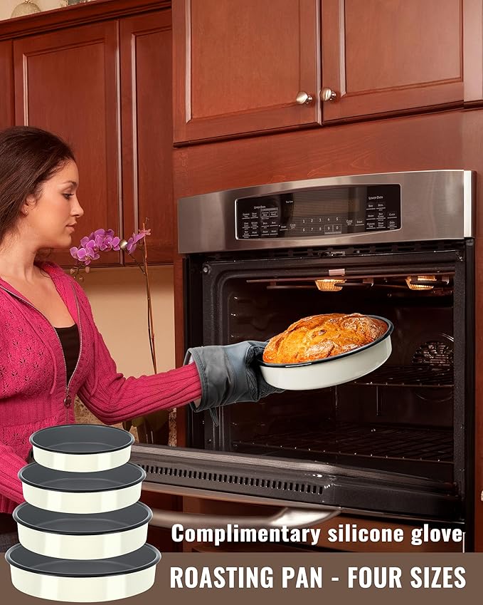 MCCSI Roasting Pans Set Round Baking Dish 4-Pack 9/10/12/14 Inch Enamel Non-Stick Large Bakeware for Cake Pizza Turkey Roaster, Oven & Dishwasher Safe Christmas Gift for Ladies Cookware