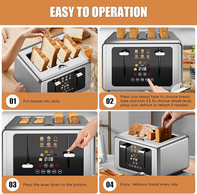 WUNLY Touch screen Toaster 4 slice,Stainless Steel Digital Timer Toasters with Sound/Screen-Off Function,6 Bread Types & Shade Settings,Smart 1.5 Wide Slots Toaster with Bagel,Defrost,Stainless Steel
