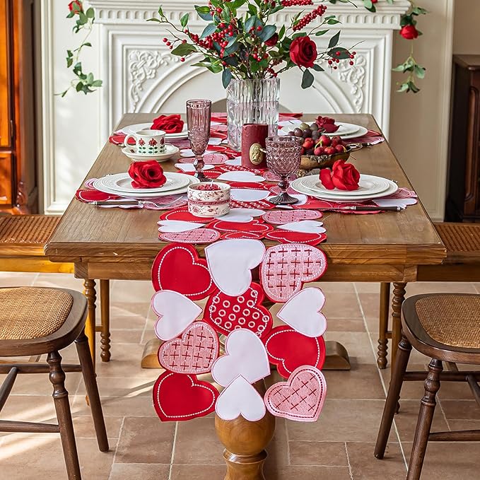 Joyfol Day Valentine’s Day Table Runner 14x86 Inch, Cutwork Embroidered Red Heart Decoration for Wedding Anniversaries, Proposals & Romantic Parties