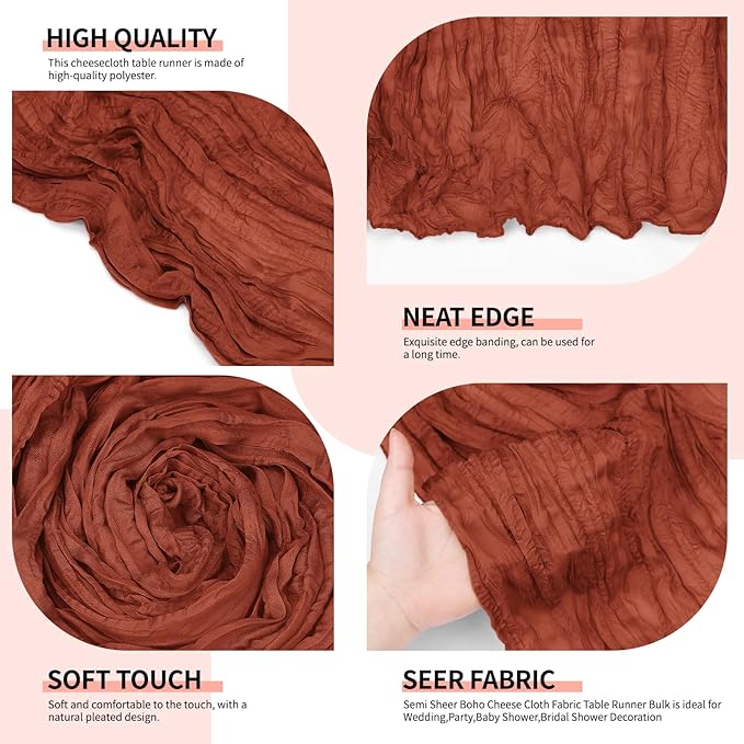 4 Pack Terracotta Cheesecloth Table Runner 10Ft, Fall Table Runner 21.5 x 120 inch, Burnt Orange Semi Sheer Cheese Cloth Fabric Thanksgiving Runner Bulk for Wedding,Party,Bridal Shower