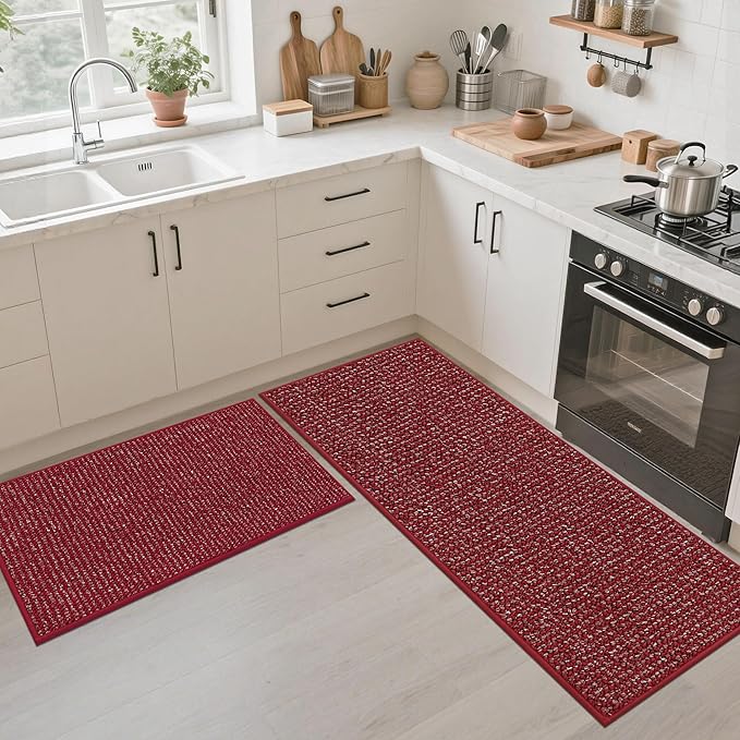 JSEI Kitchen Rugs and Mats, 2PCS Non-Slip Kitchen Mats for Floor, Machine Washable Absorbent and Stain Resistant Kitchen Runner, Carpet Mats with TPR Backing for, 24''x36''+24''x60'', Red