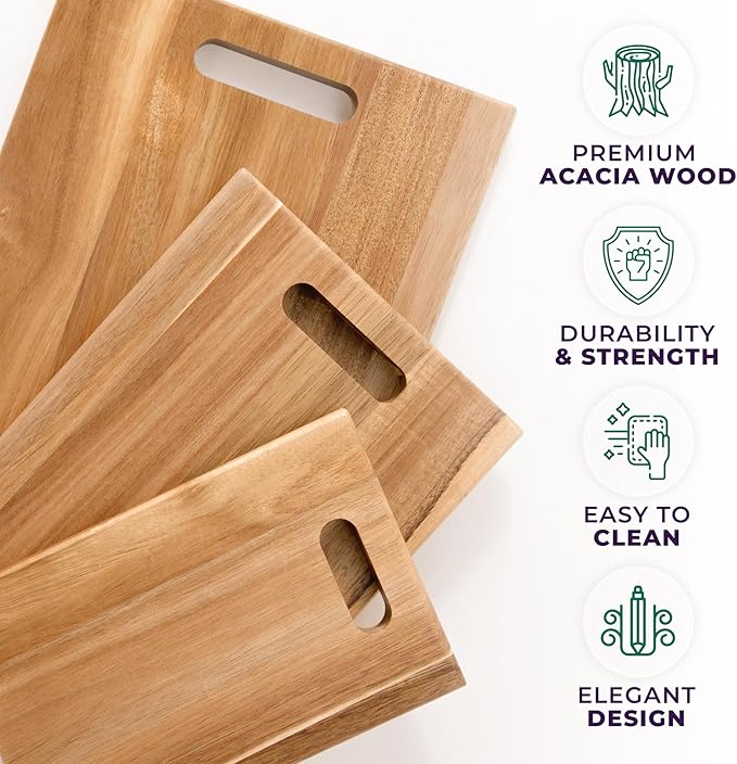 Acacia Cutting Board Set of 3 with Holder – Solid Acacia Wood Cutting and Serving Boards, Durable Chopping Boards for Meat, Vegetables and Fruits