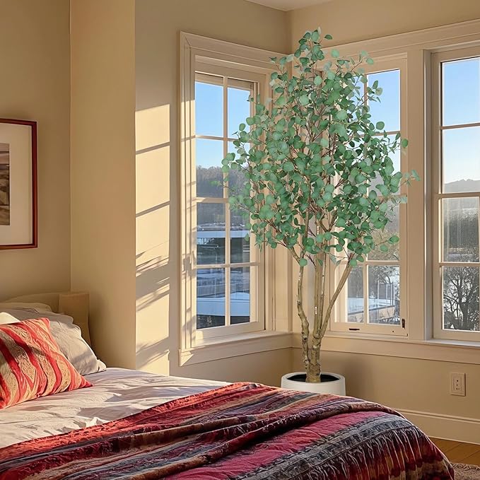 Artificial Eucalyptus Trees with White Planter, 8 FT Faux Eucalyptus Plants Indoor Tall Fake Floor Trees with Silk Leaves and Thick Trunk for Living Room Bedroom Corner Home Office Decoration