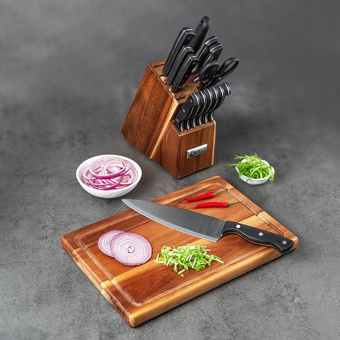 Wood Kitchen Set Knife Set for Kitchen with Block Stainless Steel Knives 16 Pcs and Cutting Board with Groove,Black Handles and Sharp Stainless Steel Professional Chef Knife Set