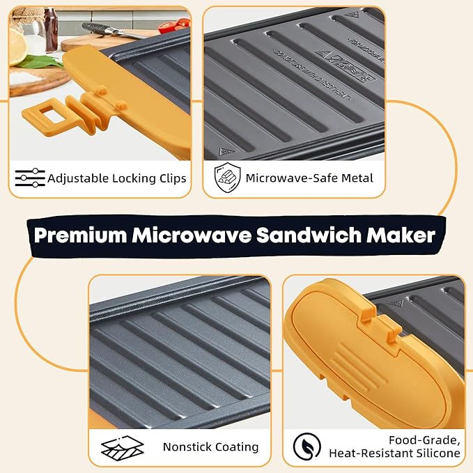 Microwave Sandwich Maker, Microwave Toastie Maker, Snack Maker & Panini Press, Microwavable Metal, Removable Non-Stick Plates Silicone Microwavable Cookware, Dishwasher Safe, Orange