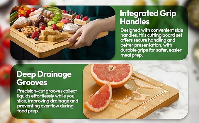 BH&DT bamboo cutting board set of 3,bamboo cutting boards for kitchen with juice groove, meat board cutting board with handle, chopping gift set,professional kitchen board,
