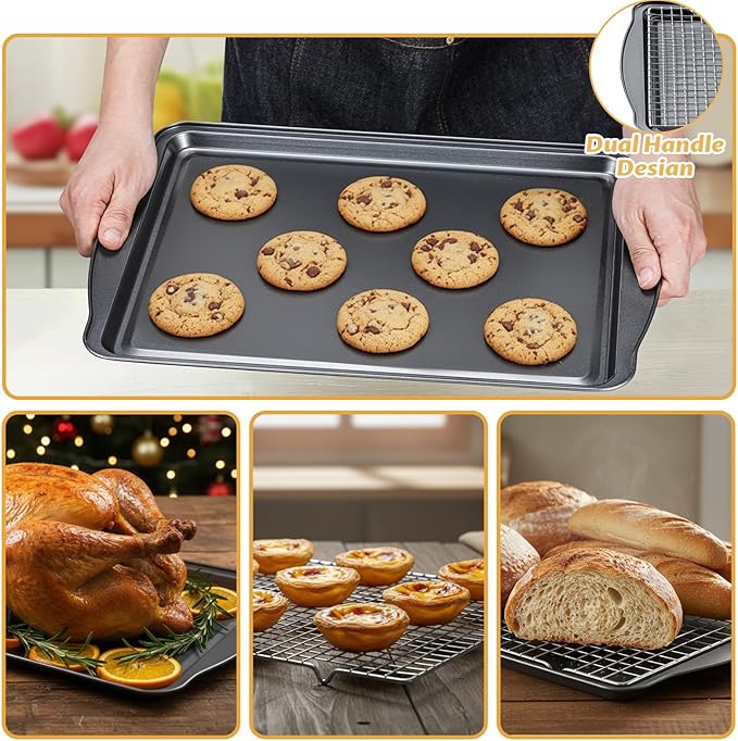 Gymdin Baking Sheet with Cooling Racks - Carbon Steel Cookie Sheets for Baking [2 Sheets + 2 Racks], Nonstick Baking Pans, Perfect for Baking, Roasting, and More, Size 17 x 11 x 0.5 Inches