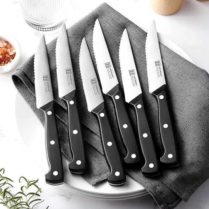 KEEMAKE Knife Block Set, 15Pcs High Carbon Stainless Steel Kitchen Knife Set with Block, Ultra Sharp Knives Set for Kitchen with Knife Sharpener Kitchen Scissors, Forged Chef Knife Set