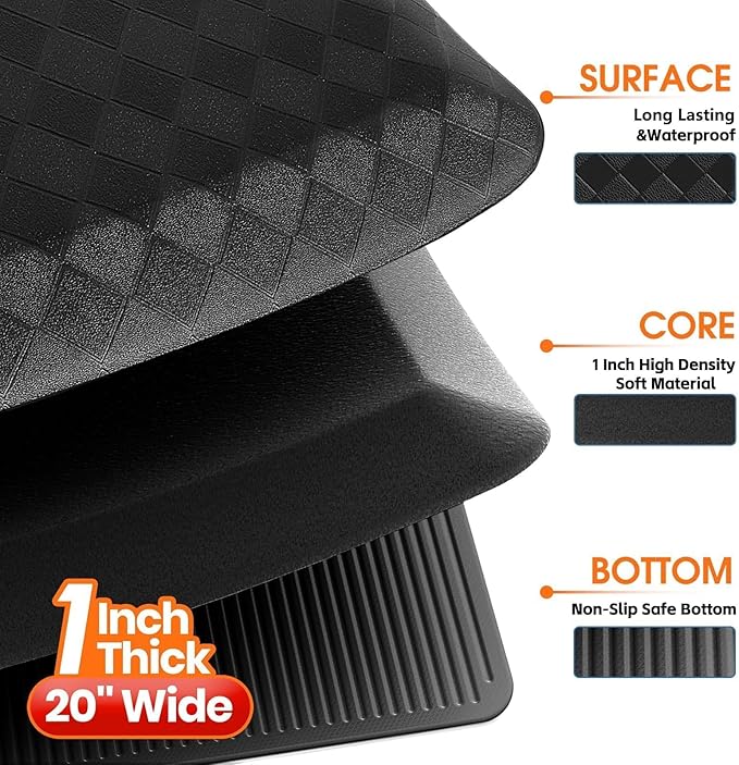 StepRite 1” Thick Kitchen Mats for Floor, Anti Fatigue Kitchen Rugs, Non-Slip,Heavy Duty Waterproof Kitchen Rug, Standing Desk Mat, Gifts for Friends, Family, Home, Kitchen, Office(39" x 20",Black)