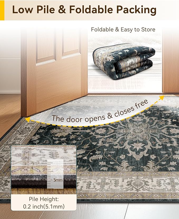 Area Rugs 5'x7' Washable Non-Slip, Floral Vintage Distress Print Pattern Medallion Carpet for Living Room Bedroom Dining Room, Vintage Black Brown Neutral