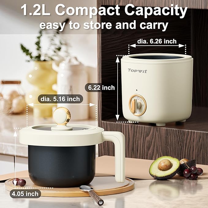 TOPWIT Hot Pot Electric Pot for Cooking, Ramen Cooker 1.2L, Non-Stick Portable Noodles Cooker for Pasta, Soup, Steak, Oatmeal, College Dorm Room Essentials, Shabu Shabu Pot with Power Adjustment,Beige