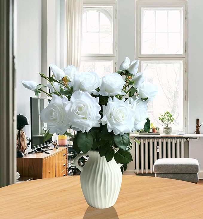 White Fake Flowers for Wedding Decor,Realistic Artificial Flowers Indoor 5 Bouquets（15 Heads） for Room Decor,Real Touch Fake Roses for Bathroom Kitchen Cake Bride Centerpieces Backdrop Decor（No Vase）