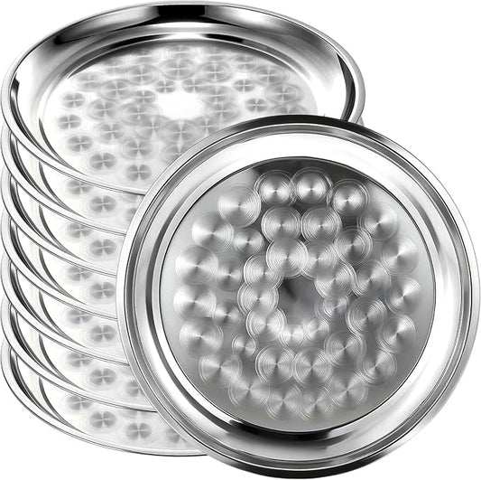 8 Pack Stainless Steel Round Serving Tray with Swirl Pattern Bulk Large Round Tray Silver Metal Display Serving Platter for Coffee Party Club Home (14 Inch)