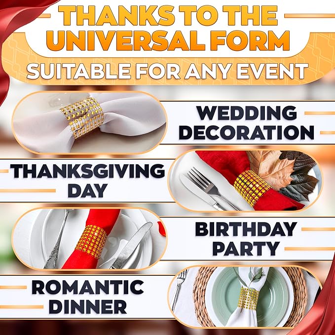 Set of 100 Gold Napkin Rings – Rhinestone Napkin Ring Holders for Weddings, Parties, Fall Events & Table Decorations for Dinner Parties | Durable & Reusable, Great as Elegant Kitchen Gifts for Hosts