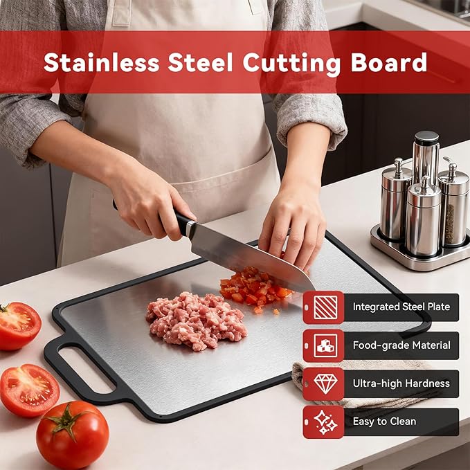 Double-Sided Solid Stainless Steel Cutting Board for Kitchen, 304 Grade & Dishwasher Safe - Non-Slip with Juice Groove, Perfect for Meat and Veggies, 15.3x9.6 Inch (Stainless Steel Color)