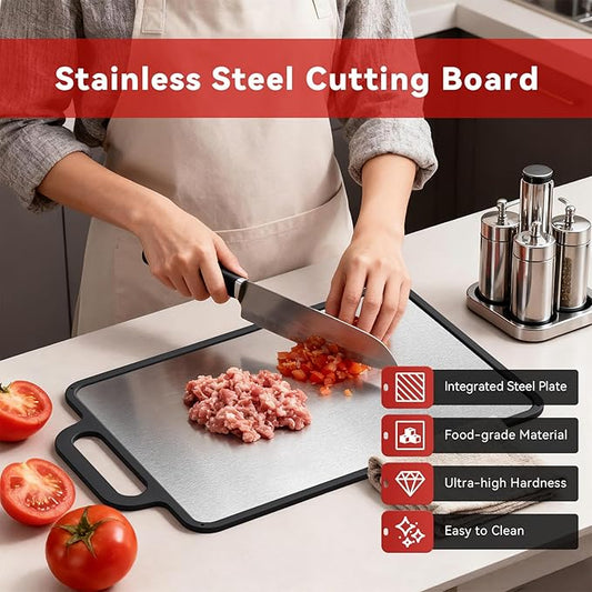 Double-Sided Solid Stainless Steel Cutting Board for Kitchen, 304 Grade & Dishwasher Safe - Non-Slip with Juice Groove, Perfect for Meat and Veggies, 15.3x9.6 Inch (Stainless Steel Color)