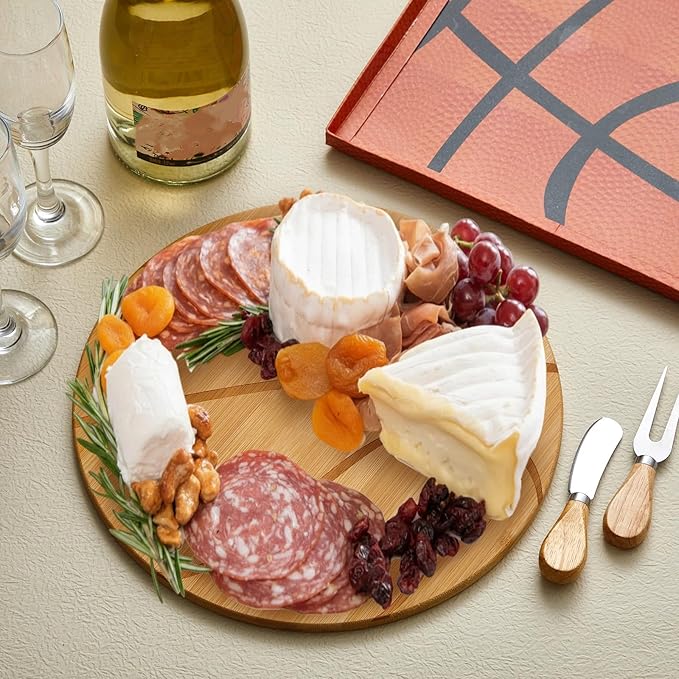 Ziliny Basketball Cheese Board Gift Set Party Favor Prizes Charcuterie Wood Board with Knives and Box Father Day Gift for Dad Grandpa Party Tournament Game(Bamboo Wood, Basketball)