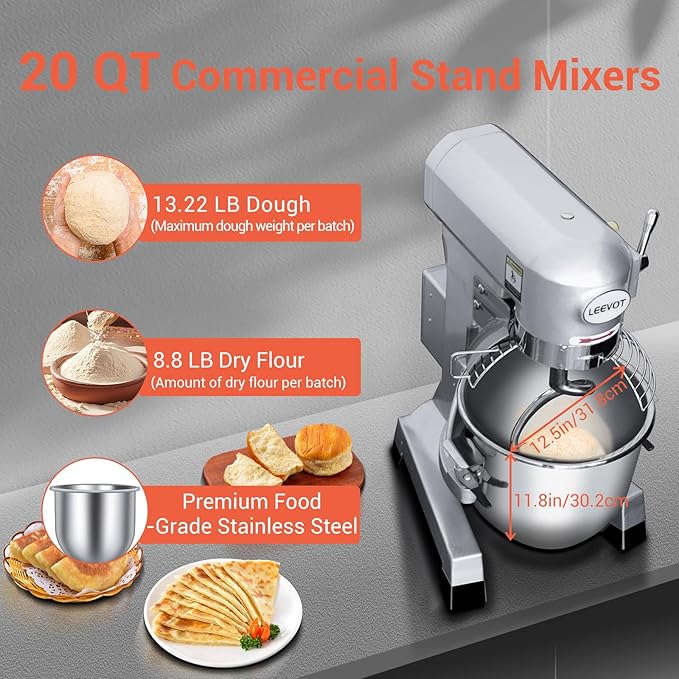 BOSBAK 20QT Commercial Planetary Stand Mixer, Heavy Duty Dough Mixer with 60-Min Timer & Splatter Guard, 3 Speeds for Kneading, Creaming, Whipping, for Bakery, Pizzeria, Restaurant
