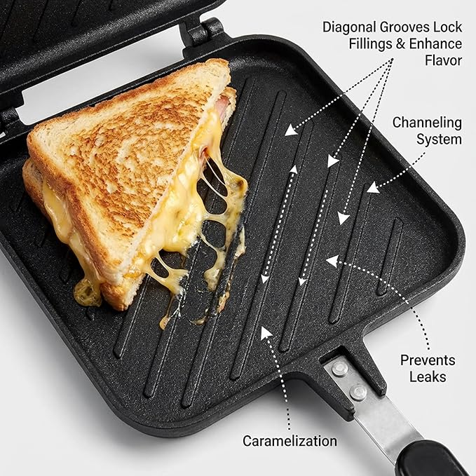 Elsjoy Hot Sandwich Maker, Grilled Sandwich Press with Handle, Stovetop Toasted Sandwich Maker Aluminum Flip Pan for Home, Kitchen, Breakfast
