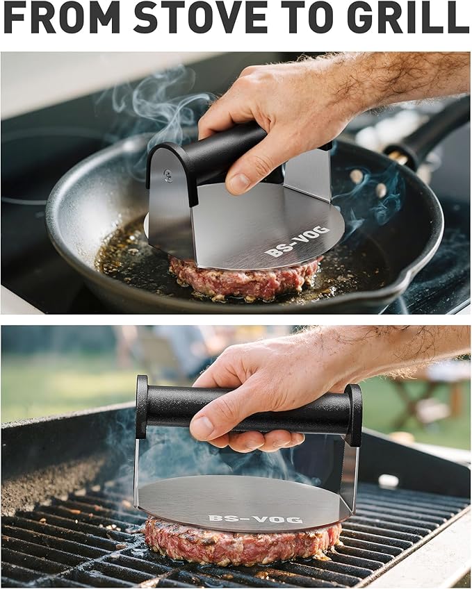 Burger Press, 6" Stainless Steel Burger Smasher for Griddle, Nonstick Round Hamburger Smasher Tool for Cooking Bacon, Patty, Ground Beef, Meats, Dishwasher Safe, Christmas Gift Package for Men