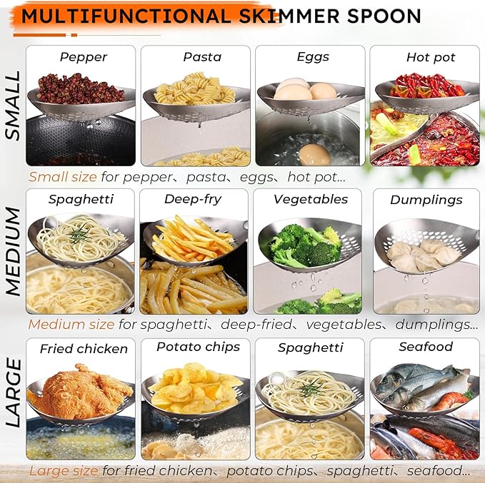 MARTE Skimmer Slotted Spoon Set of 4 - Kitchen Spaghetti Strainer Tool - Spider Strainer Skimmer Ladle Spoon with Holder for Cooking and Frying Food, Pasta, Vegetable, Dumpling - 14.8In,16.5In,17In